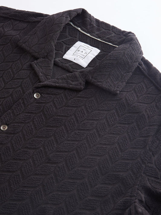 Black Retro Geometric Leafy Jacquard Shirt