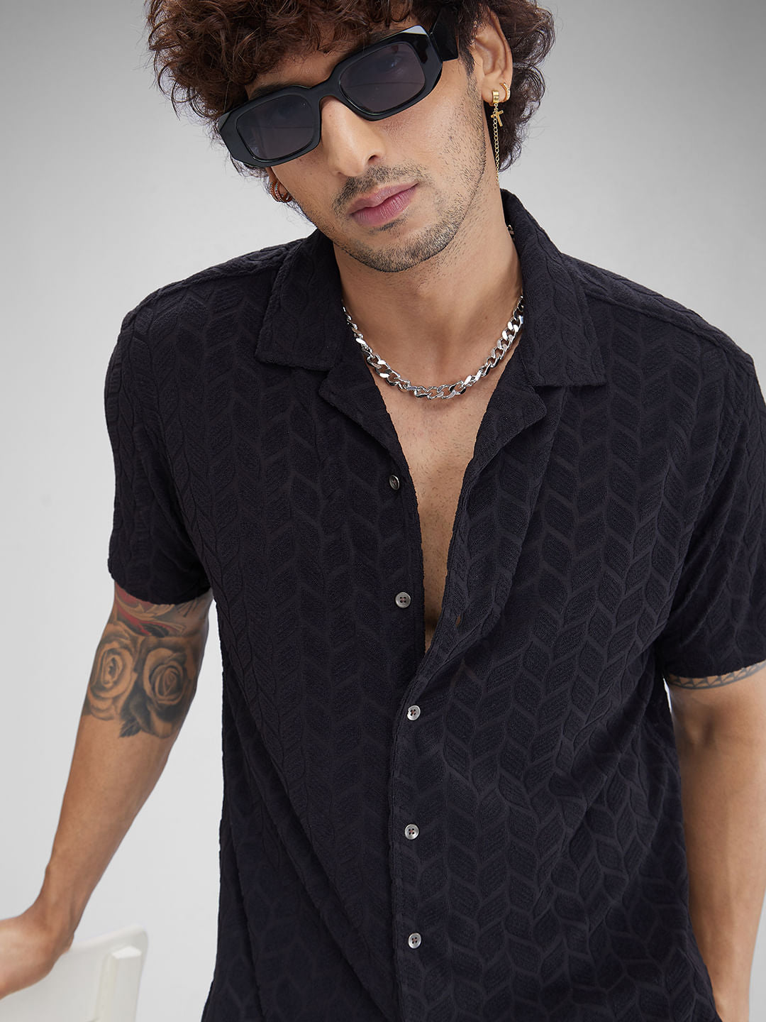 Black Retro Geometric Leafy Jacquard Shirt