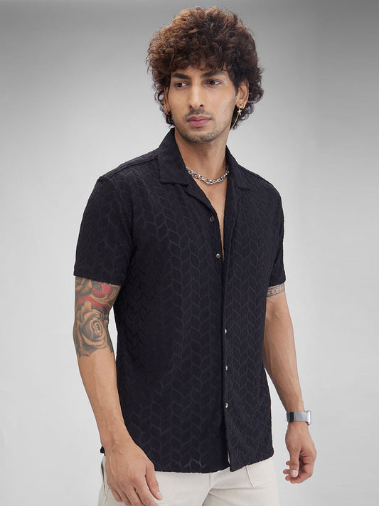 Black Retro Geometric Leafy Jacquard Shirt