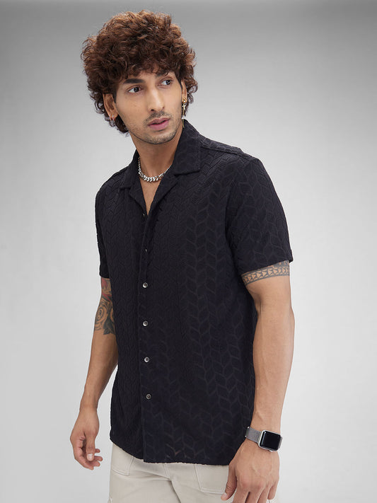 Black Retro Geometric Leafy Jacquard Shirt