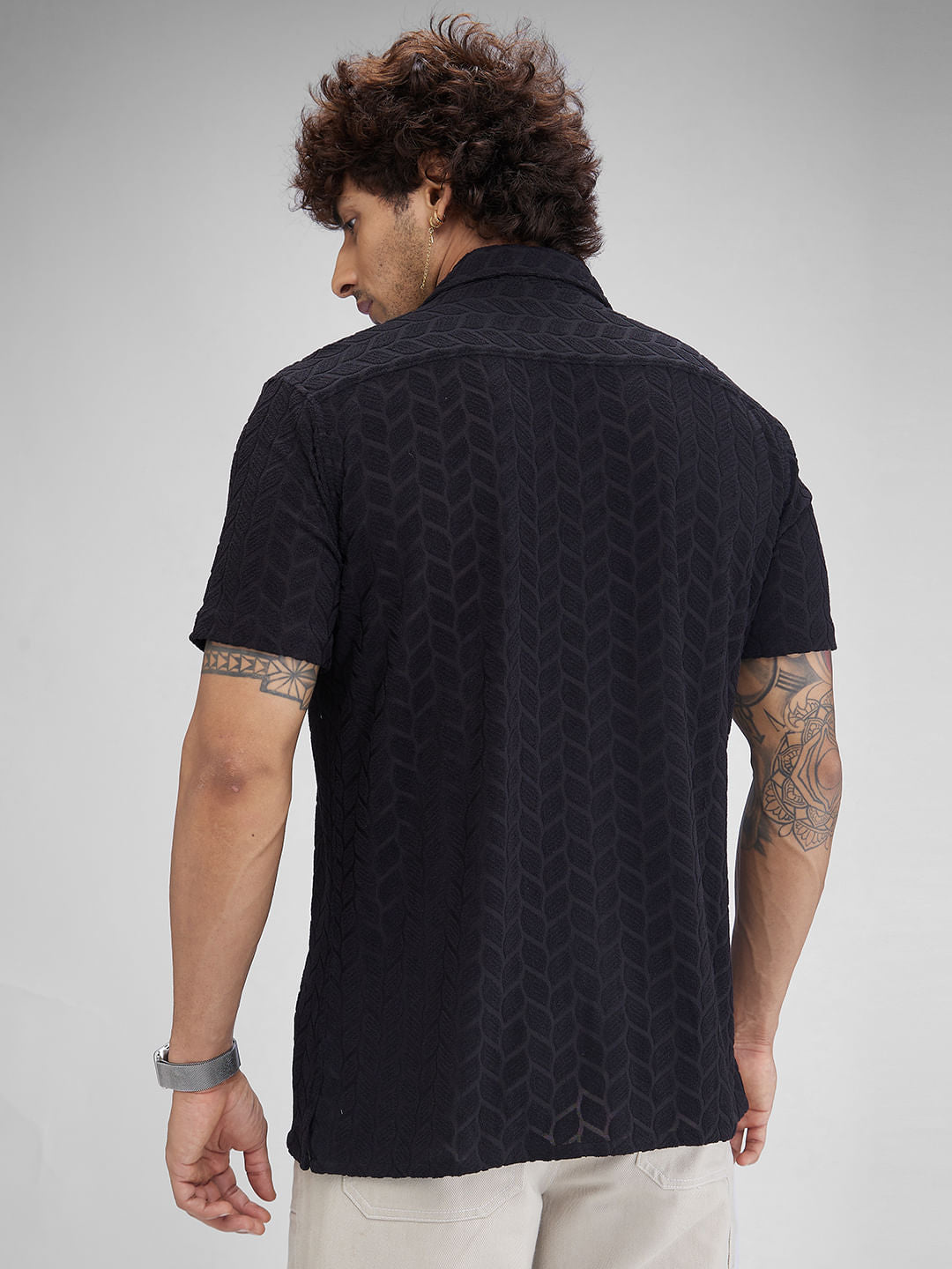 Black Retro Geometric Leafy Jacquard Shirt