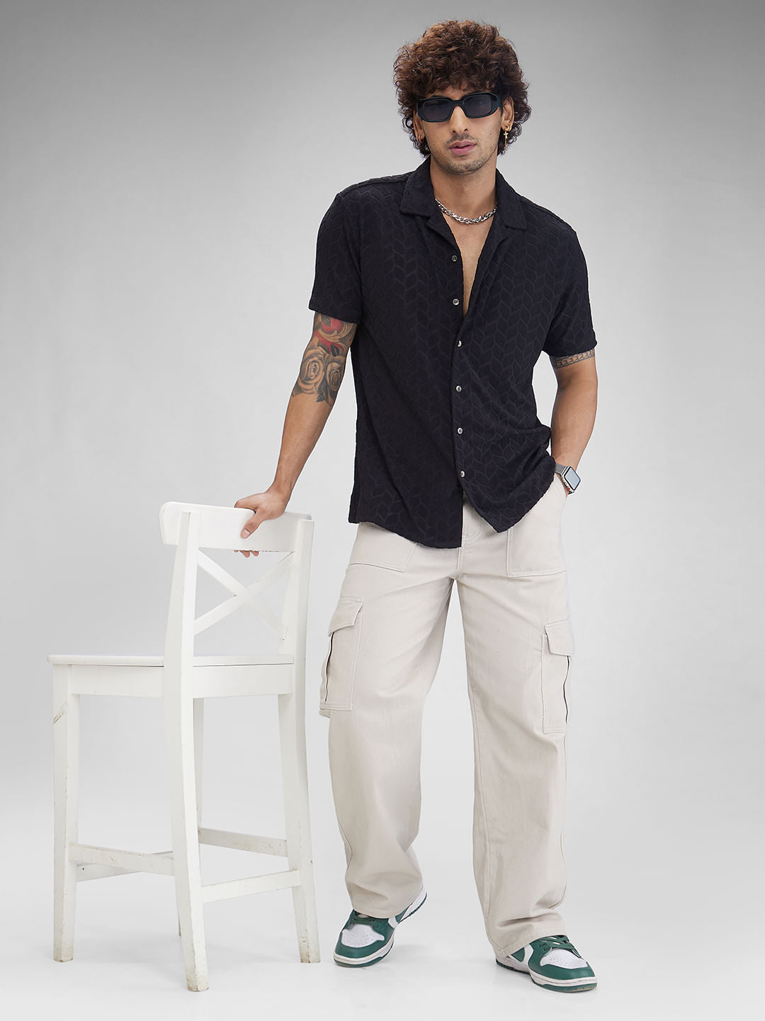 Black Retro Geometric Leafy Jacquard Shirt
