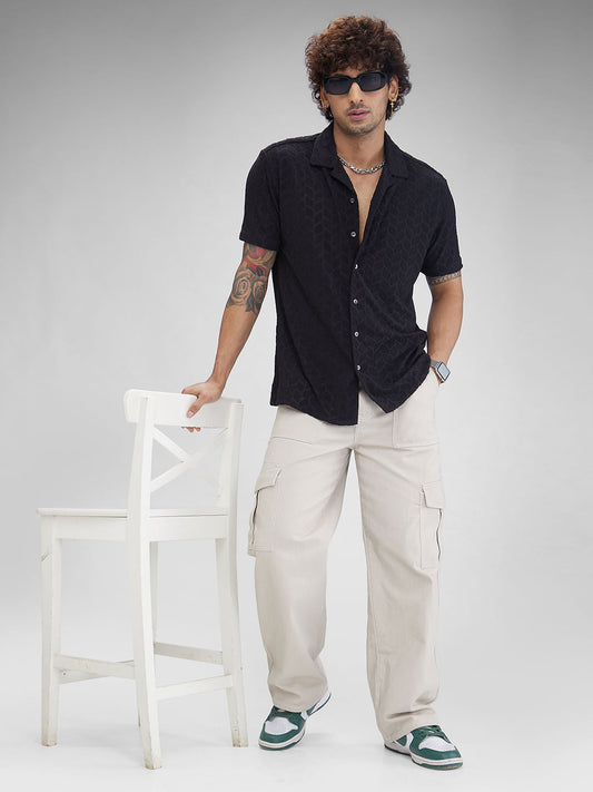 Black Retro Geometric Leafy Jacquard Shirt