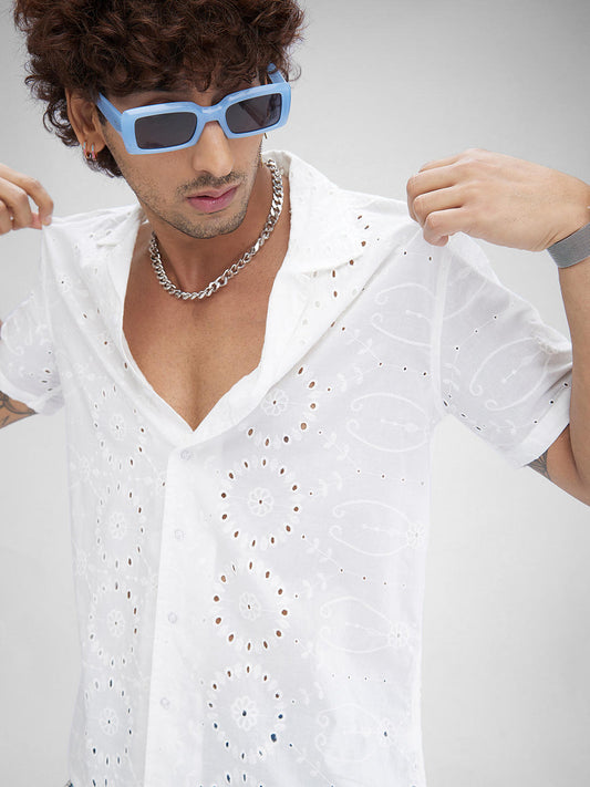 White Schiffli Oversized Resort Collar Shirt