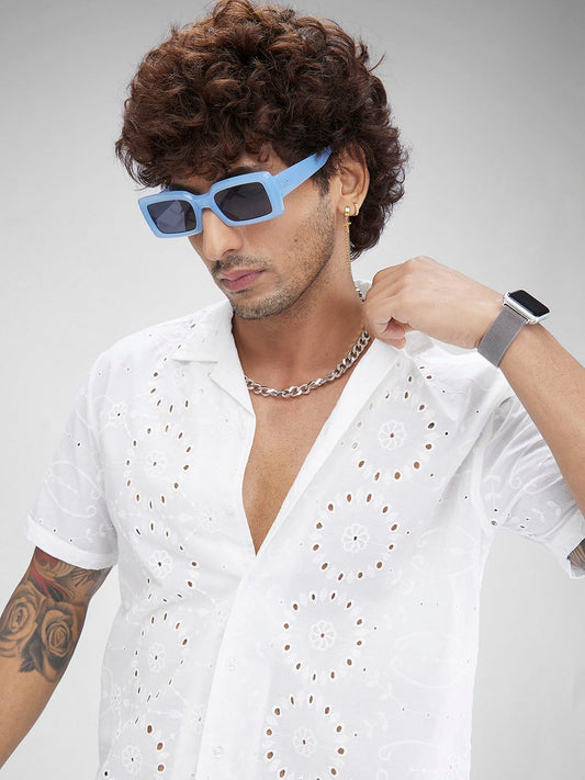 White Schiffli Oversized Resort Collar Shirt