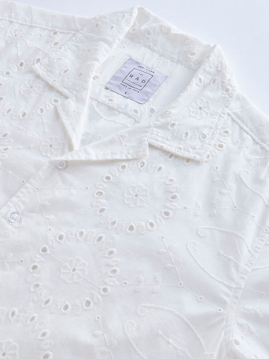 White Schiffli Oversized Resort Collar Shirt