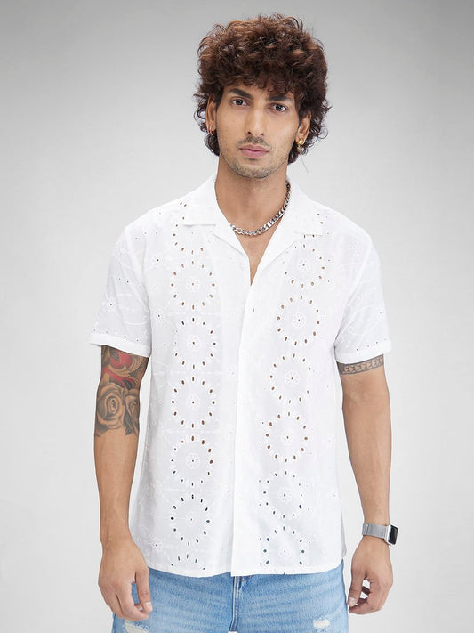 White Schiffli Oversized Resort Collar Shirt