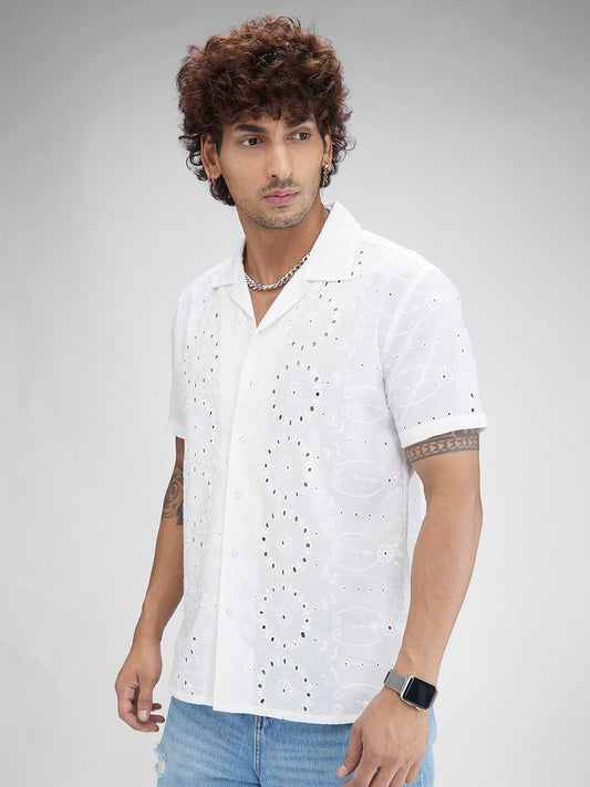 White Schiffli Oversized Resort Collar Shirt