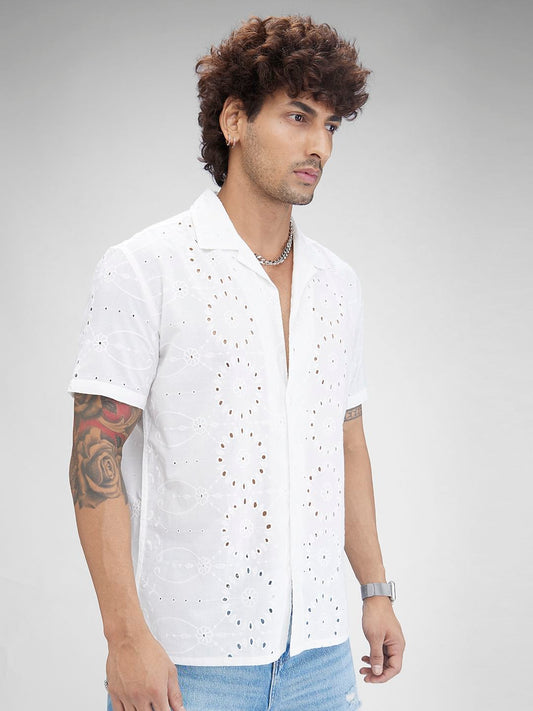 White Schiffli Oversized Resort Collar Shirt