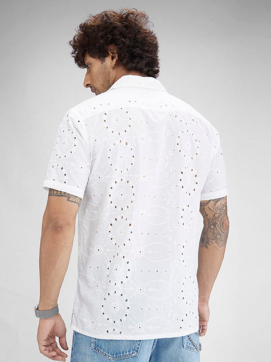 White Schiffli Oversized Resort Collar Shirt