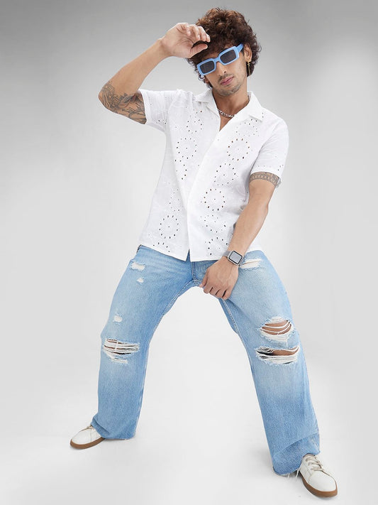 White Schiffli Oversized Resort Collar Shirt