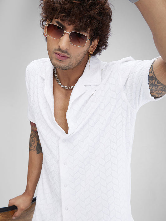 White Retro Geometric Leafy Jacquard Shirt