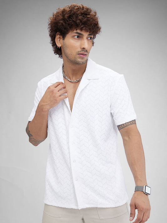 White Retro Geometric Leafy Jacquard Shirt