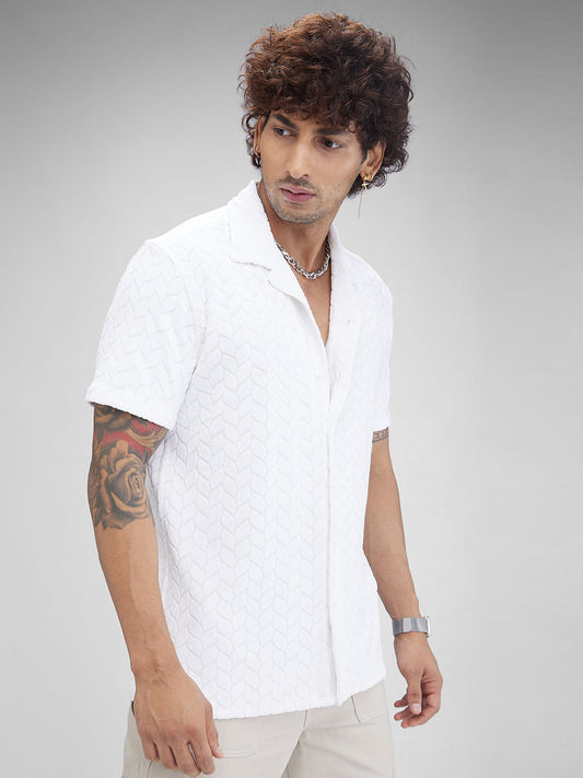 White Retro Geometric Leafy Jacquard Shirt