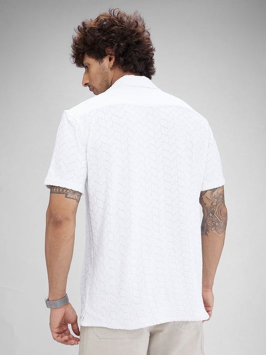 White Retro Geometric Leafy Jacquard Shirt