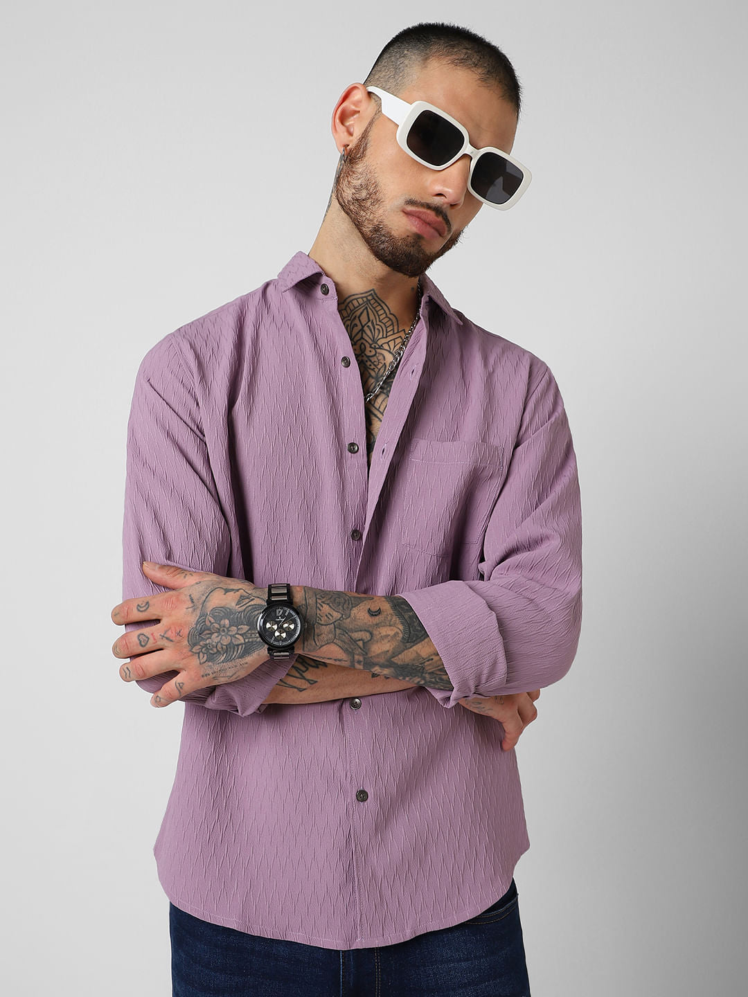 Elegant Purpureus Crinkled Jacquard Shirt