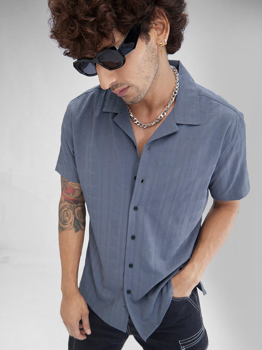 Lead Grey Textured Oversized Resort Collar Shirt
