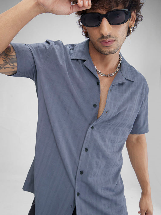 Lead Grey Textured Oversized Resort Collar Shirt