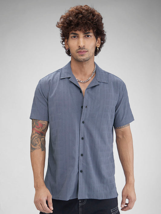 Lead Grey Textured Oversized Resort Collar Shirt