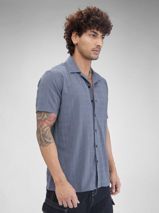 Lead Grey Textured Oversized Resort Collar Shirt
