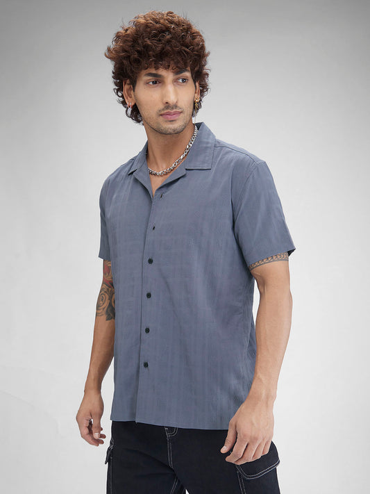 Lead Grey Textured Oversized Resort Collar Shirt