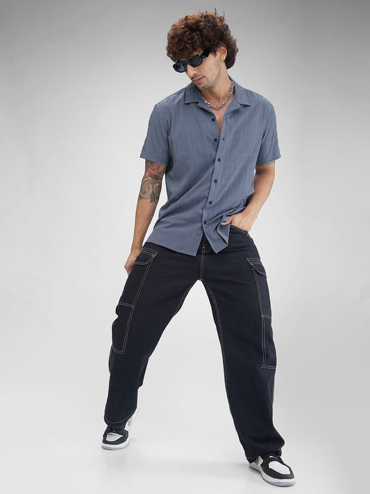 Lead Grey Textured Oversized Resort Collar Shirt