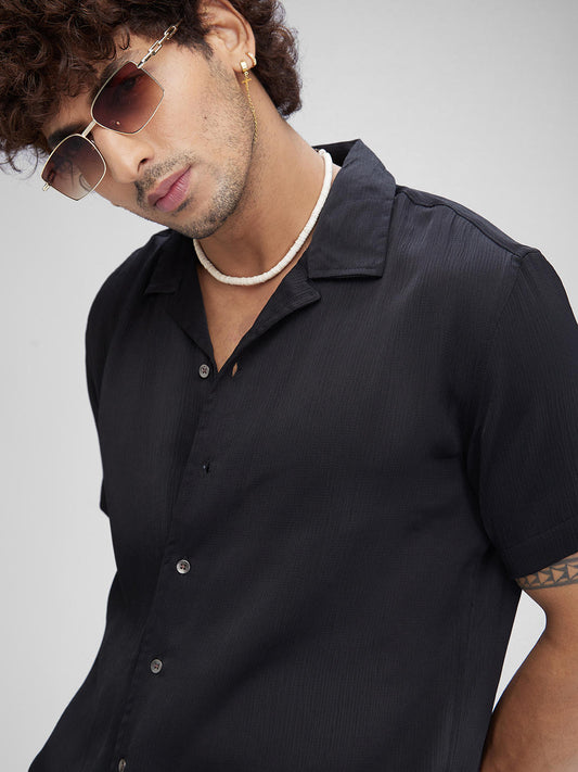 Black Crepe Oversized Resort Collar Shirt