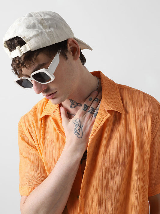 Candy Orange Crepe Notch Collar Oversized Shirt