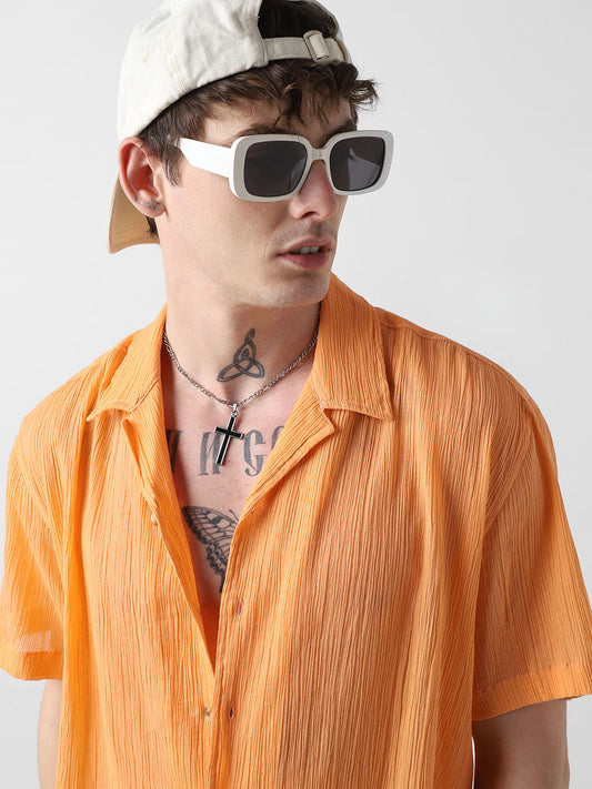 Candy Orange Crepe Notch Collar Oversized Shirt