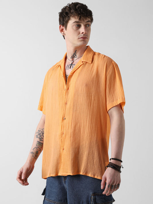 Candy Orange Crepe Notch Collar Oversized Shirt