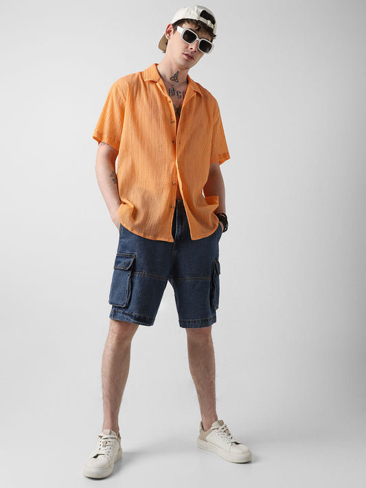 Candy Orange Crepe Notch Collar Oversized Shirt