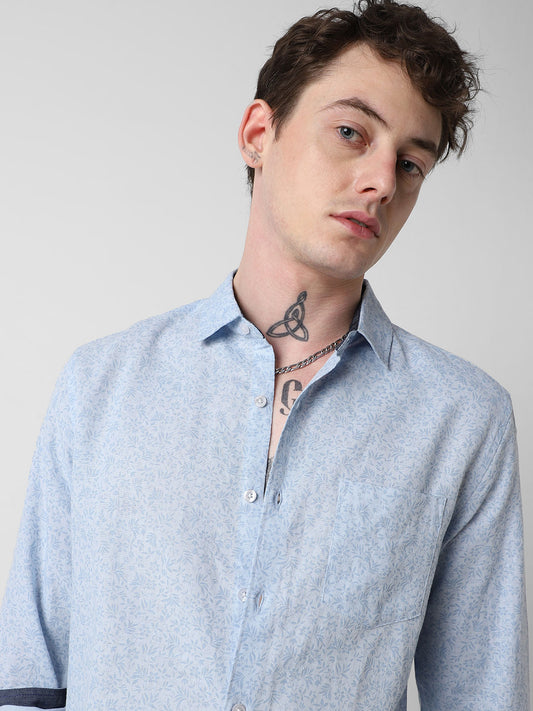 Baby Blue Tiny Floral Printed Shirt