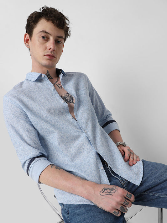 Baby Blue Tiny Floral Printed Shirt