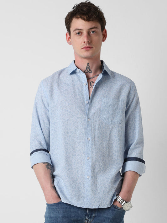 Baby Blue Tiny Floral Printed Shirt