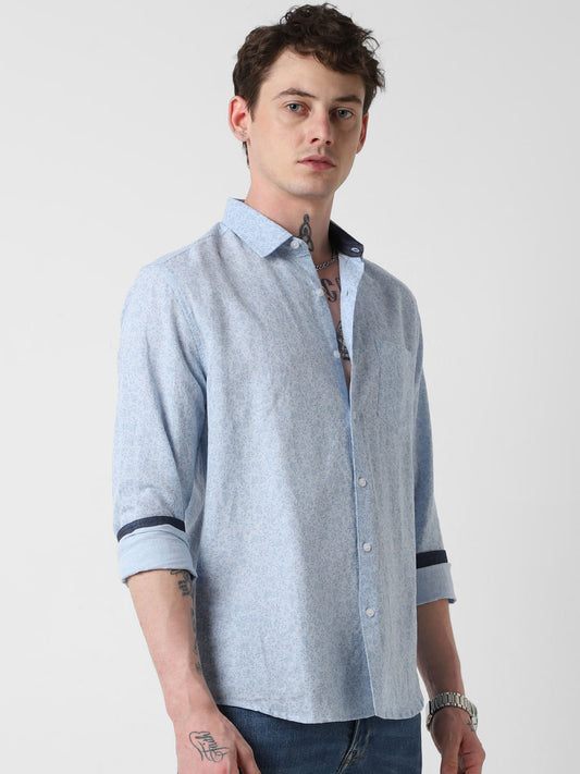 Baby Blue Tiny Floral Printed Shirt