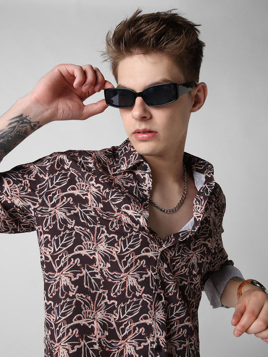 Grease Black Floral Printed Crinkled Shirt