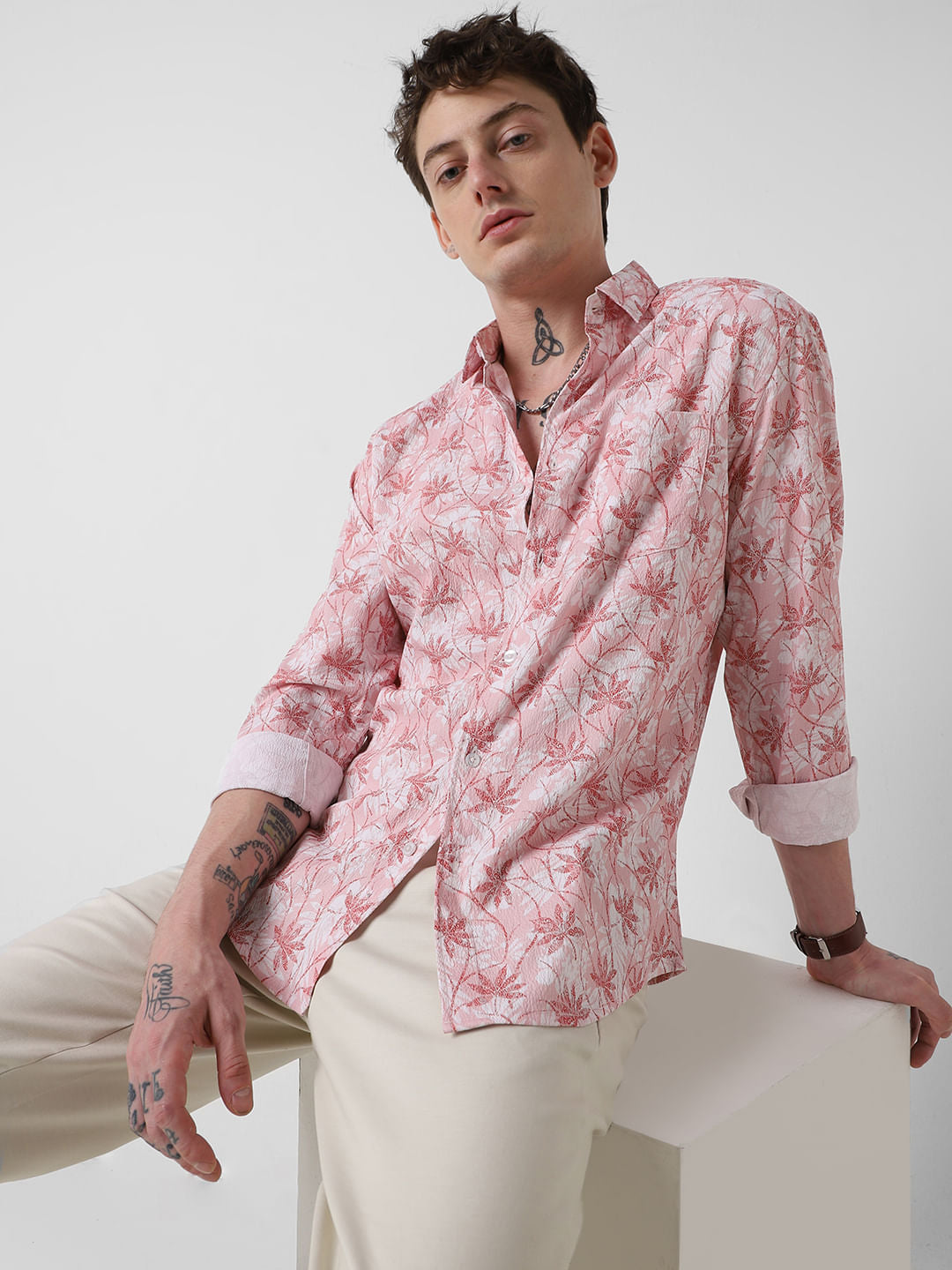 Pink Leafy Ditzy Printed Creased Shirt