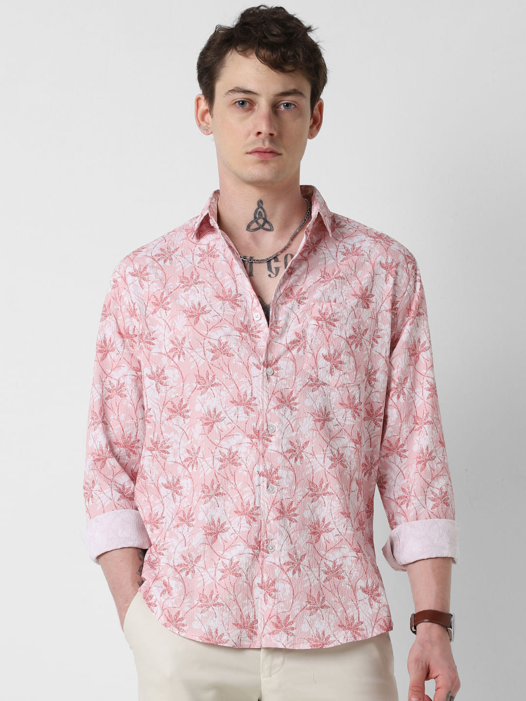 Pink Leafy Ditzy Printed Creased Shirt