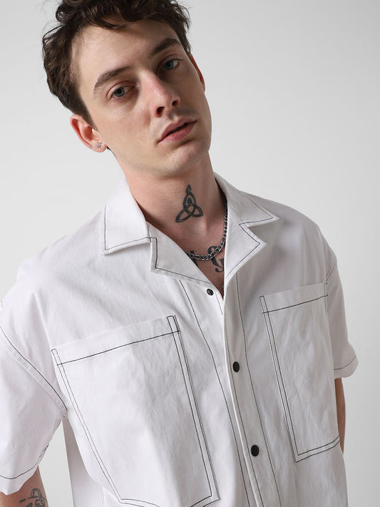 White Double Pocket Oversized Cropped Shirt