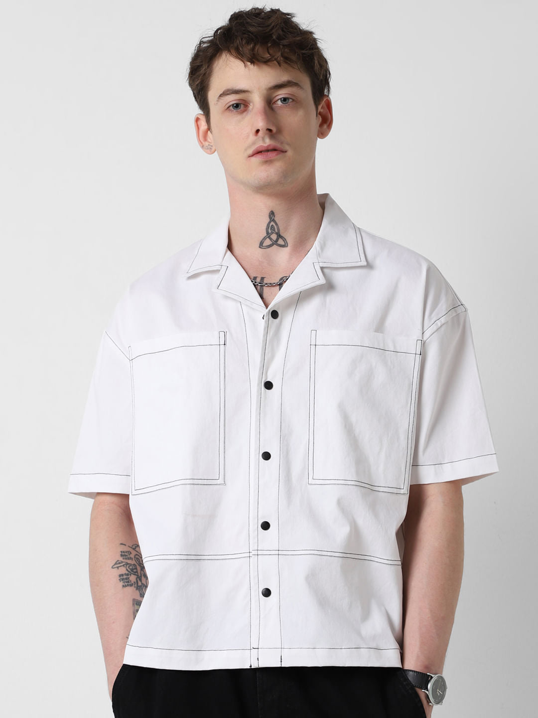 White Double Pocket Oversized Cropped Shirt