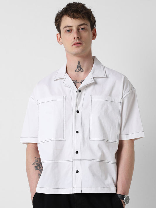 White Double Pocket Oversized Cropped Shirt