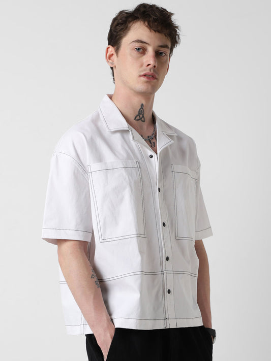 White Double Pocket Oversized Cropped Shirt