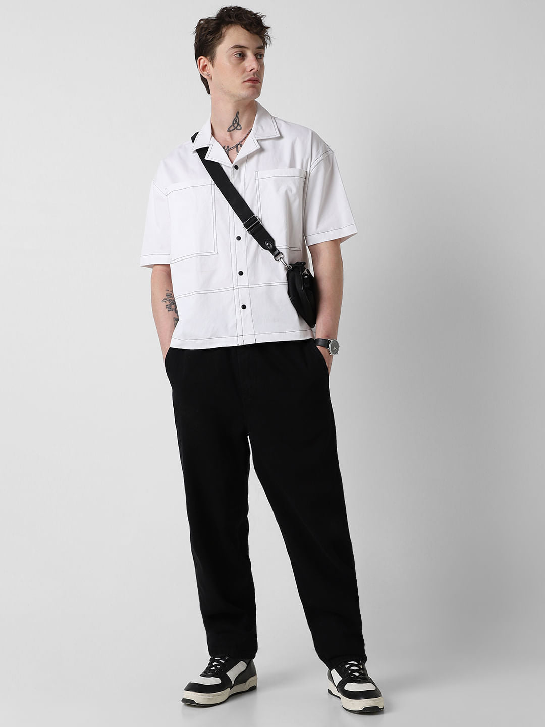 White Double Pocket Oversized Cropped Shirt