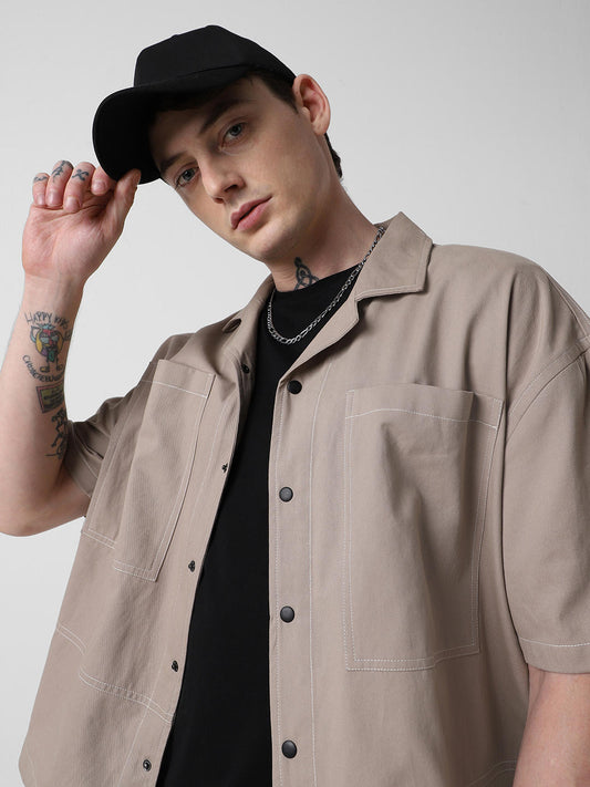 Latte Double Pocket Oversized Cropped Shirt
