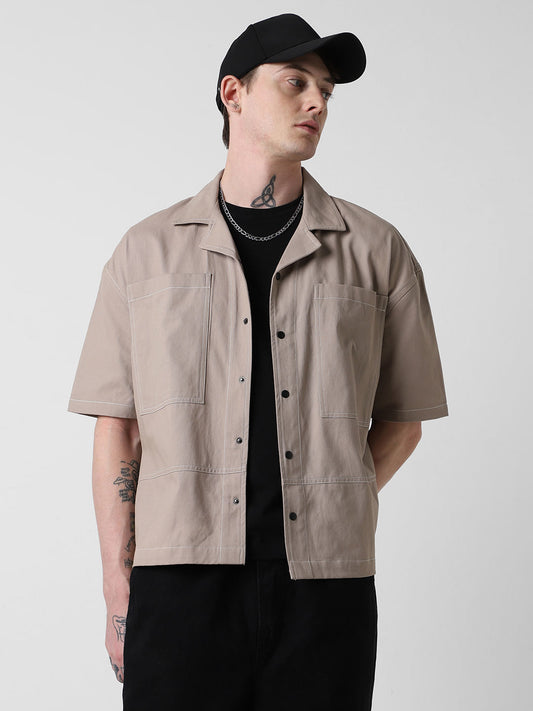 Latte Double Pocket Oversized Cropped Shirt
