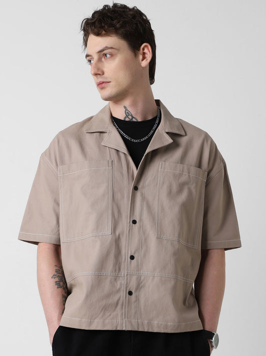 Latte Double Pocket Oversized Cropped Shirt