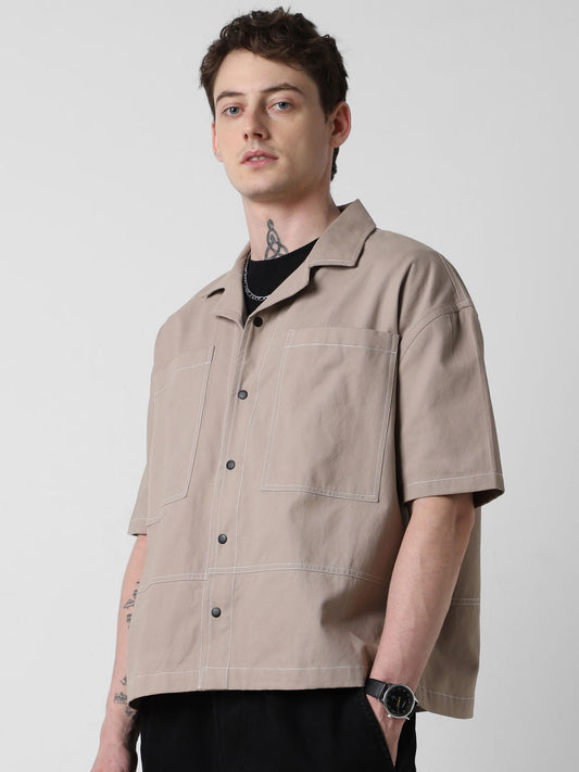 Latte Double Pocket Oversized Cropped Shirt