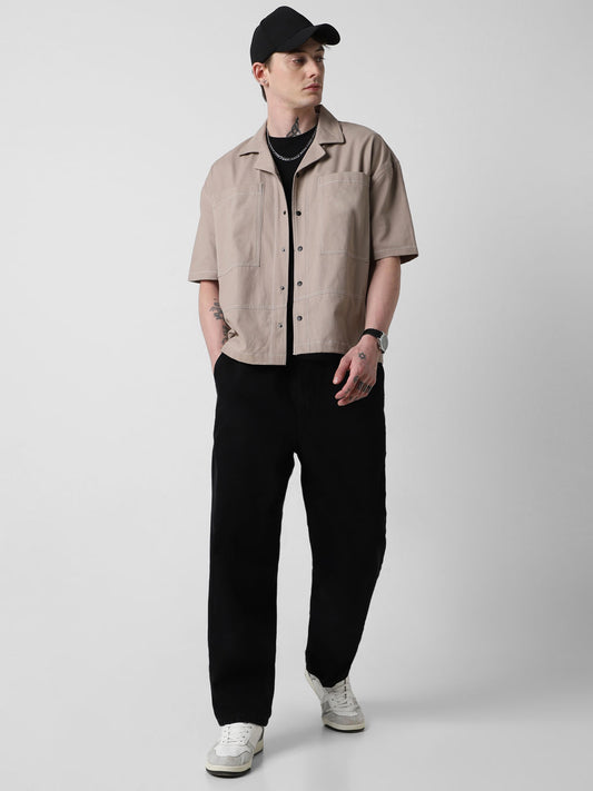 Latte Double Pocket Oversized Cropped Shirt