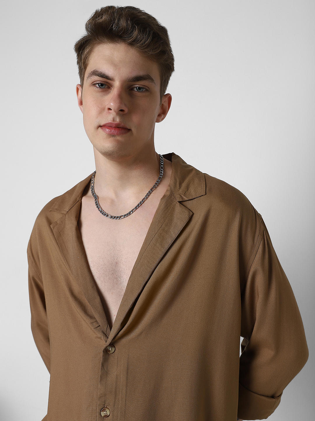 Solid Hazelnut Oversized Notched Lapel Collar Shirt