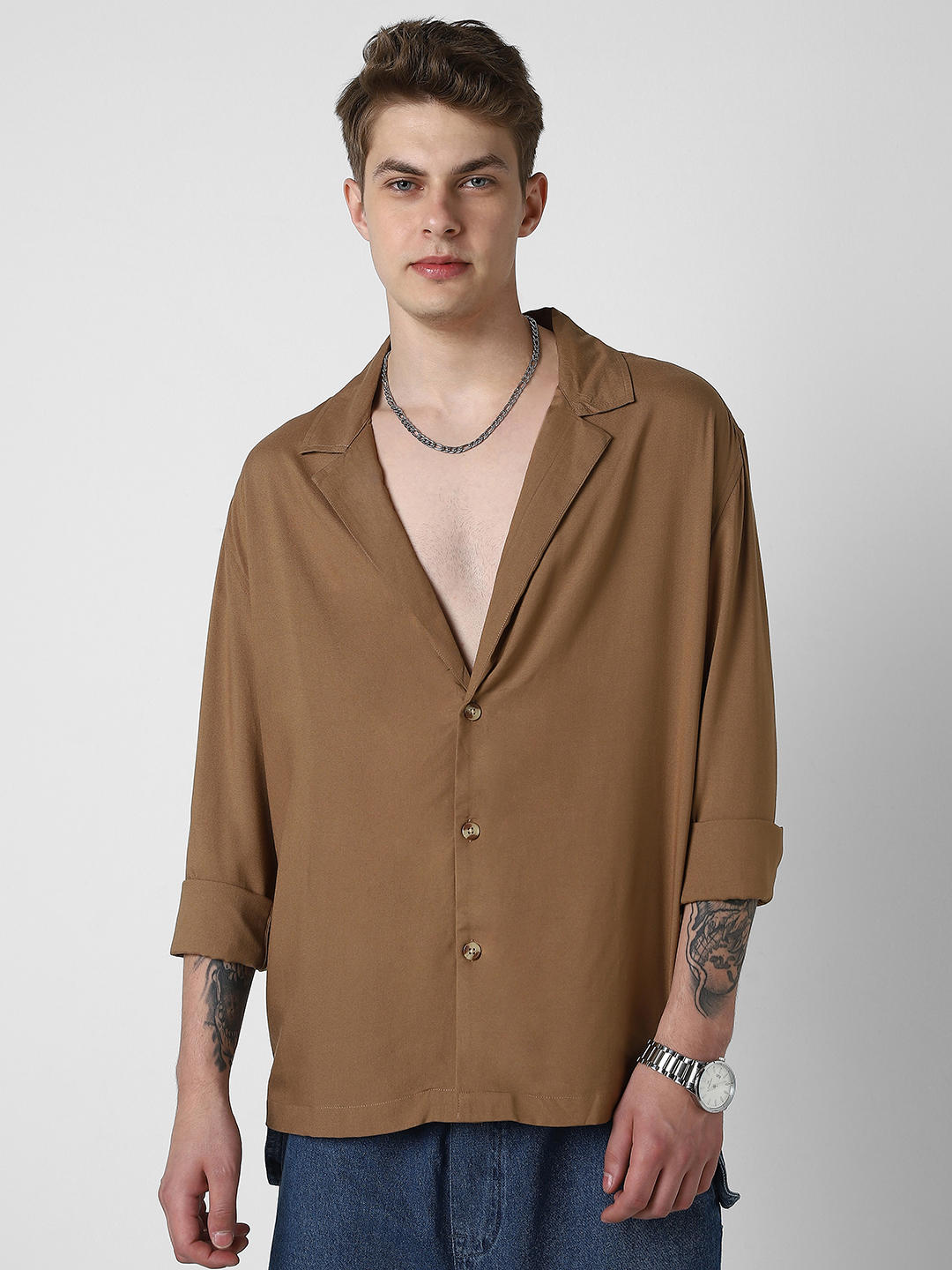 Solid Hazelnut Oversized Notched Lapel Collar Shirt